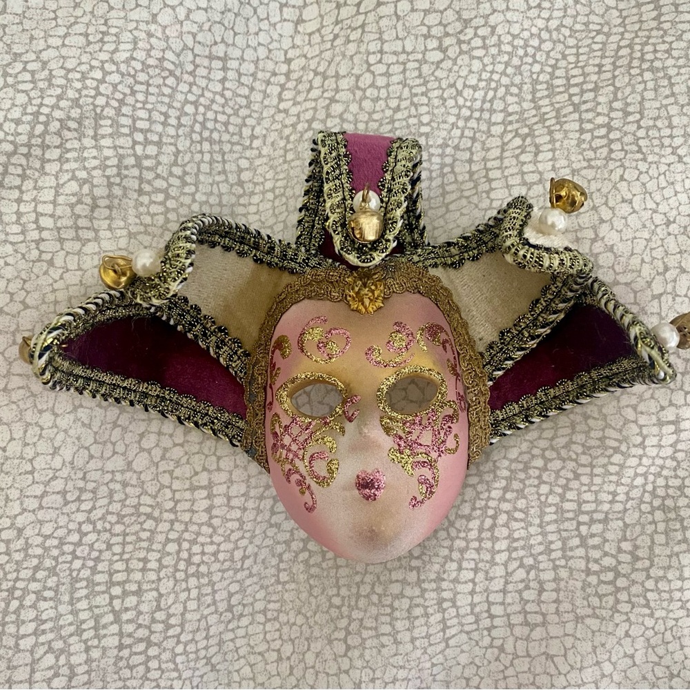 Venetian Style Jester Mask with Gold and Pink Accents